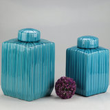 简约中式蓝色陶瓷装饰罐储物罐地中海美式客厅样板间摆件装饰品