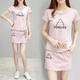 2016夏季韩版新款时尚休闲两件套套装女纯棉透气一步裙T恤短裙女