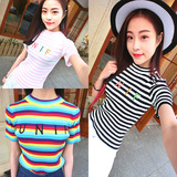 韩国范 彩色条纹刺绣字母高领短袖T恤 弹力显瘦高腰短款针织衫女