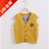 韩版童装秋款新品儿童毛衣男童V领针织背心 婴儿宝宝线衣线衫纯色