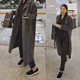 韩国代购2016春装新款超长款双排扣风衣外套女过膝盖宽松呢子大衣