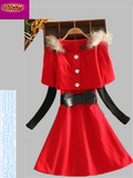 包邮韩版女装秋季新款加厚加绒拼色假两件打底裙连衣裙冬款长袖