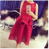 （女王节）镂空无袖连衣裙女 韩版中长款蓬蓬红色裙套装
