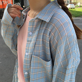 夏季韩范学院风中长款单排扣宽松棉麻百搭格子衬衫女长袖学生外套