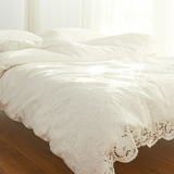 简约小清新欧式公主蕾丝纯棉贡缎床单床笠白色四件套全棉床上用品