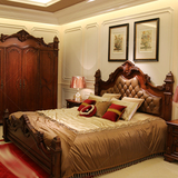欧式2米真皮床 实木雕花 深色双人床 奢华卧室家具 古典婚床 现货