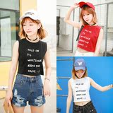 韩版夏季女装2016日系圆领学生个性字母印花短款露脐无袖背心T恤