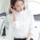 春秋冬新款韩版雪纺衫长袖OL修身女显瘦白衬衫半高领蕾丝打底衫