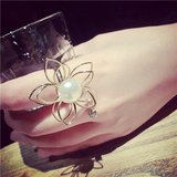 韩国珍珠镂空立体花朵戒指开口可调节食指指环欧美夸张配饰品女