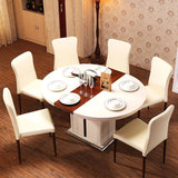 实木餐桌椅组合6人 储物伸缩可折叠餐桌 钢化玻璃 简约现代圆桌
