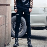 名模街拍日韩超修身型男牛仔裤 贴字母男士修身加绒加厚牛仔长裤