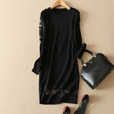 欧美外贸原单女装新款显瘦气质黑色针织毛衣蕾丝拼接连衣裙打底衫