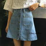 夏装新款韩国口袋A字裙牛仔半身裙 排扣牛仔裙短裙高腰裙