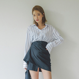 韩国Stylenanda代购正品蓝白竖条纹衬衫女长袖宽松显瘦纯棉休闲