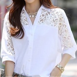 夏装新款韩版中长款中短袖白衬衣加大码女装胖mm宽松棉麻蕾丝衬衫