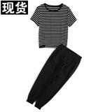 MIUCO2016夏新款女装短袖黑白撞色条纹T恤+束口哈伦裤休闲套装