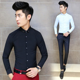 春季新款韩版潮流修身型男式长袖衬衫发型师潮流纯色青少年寸衣