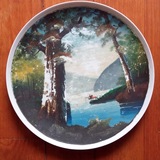 80年代瓷盘油画山水风光手绘原创作品艺术瓷盘老物件古董装饰成列