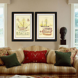 一帆风顺 美式复古帆船图纸装饰画 客厅三联有框画欧式简约墙壁画