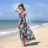 波西米亚沙滩裙裹胸拖地大码海边度假显瘦度假挂脖雪纺长裙连衣裙