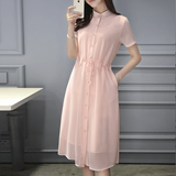 夏款女装雪纺衬衫式连衣裙韩版修身带袖系带纯色裙子中长款短袖