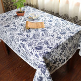 风餐桌布盖布蓝色印花青花瓷桌布台布 棉麻中国风布艺茶几布民族