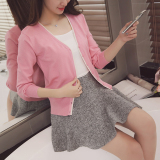 2016韩版春夏新款女装针织衫V领短款拼色单排扣针织小开衫女春季