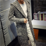 秋冬季男士毛衣韩版中长款大衣复古连帽针织衫修身加厚开衫外套潮