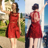 2016夏季新款女装红色镂空蕾丝短款连衣裙无袖性感露背新娘晚礼服