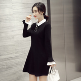 赫本风连衣裙2016春装新款韩版修身中长款长袖黑色打底A字蓬蓬裙