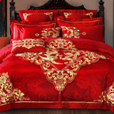 中欧式传统龙凤刺绣被套贡缎提花十件套 婚庆床品大红色结婚用品