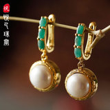 那一抹绿■香港设计师 天然祖母绿珍珠925纯银镀金耳环