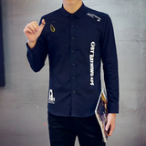 日系男士长袖衬衣英文印花韩版修身型商务免烫保暖衬衫冬季加大码