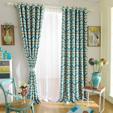 米拉之城蓝色条纹现代简约遮光窗帘布料成品定制北欧地中海卧室