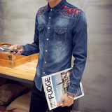 2016男士大码修身衬衣几何图案男装常规牛仔布韩版罗纹底摆衬衫