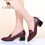 Camel骆驼女鞋春季浅口时尚休闲真皮牛皮尖头粗跟中跟女士单鞋
