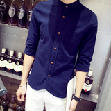 夏季新款韩版男装男式休闲修身亚麻中袖衬衫男士纯色七分袖衬衣潮