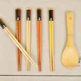 外贸日式餐具 五色原木材质实木饭勺竹筷子木勺子组合 礼盒套装
