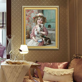 别墅卧室儿童房可爱小女孩猫咪装饰挂画唯美欧式古典人物手绘油画