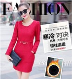 韩版秋冬季新款品牌女装加厚加绒蕾丝连衣裙中长款修身大码显瘦