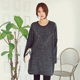 韩国代购2015DEC新冬季女装超宽松纯色钉珠连衣裙长袖针织衫毛衣