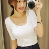 韩版时尚春夏气质女装圆领中袖t恤五分袖纯棉紧身黑色打底衫半袖