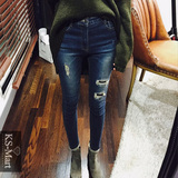KS-M韩国代购女装2015冬装新款个性破洞修身小脚牛仔裤KS1188