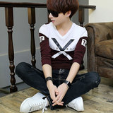 韩版长袖T恤男学生修身青少年男士春装V领打底衫男装衣服春季体恤