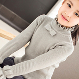 韩版女童装春秋针织衫花边高领加厚套头百搭纯色毛衣打底衫毛衫潮
