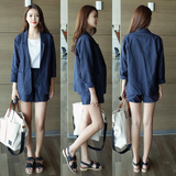 夏季新品亚麻薄款修身一粒扣小西装外套+短裤套装女韩版两件套