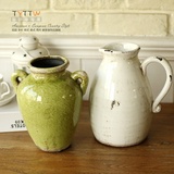法式乡村地中海做旧陶瓷花瓶白色把式花瓶 暗绿色复古花器花壶
