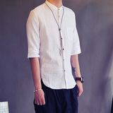 夏季青年亚麻五分袖修身衬衫日系复古纯色简约棉麻男士中袖衬衣潮