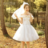 短款婚纱蓬蓬裙伴娘礼服一字肩2015新款新娘装结婚韩版白色小礼服