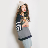 2016春装新款女装韩版条纹T恤 打底针织衫 拼色圆领宽松中袖上衣